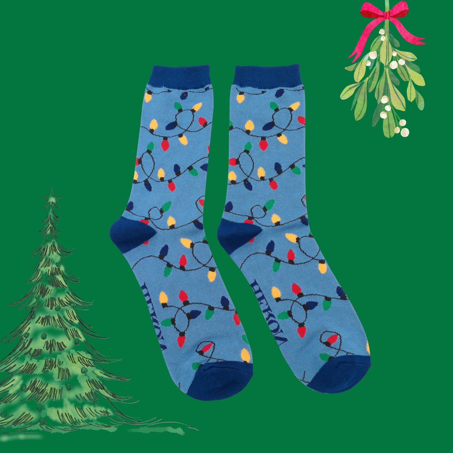 A pair of socks with a christmas light motif. Blue legs, dark blue heel, toe and cuff. 