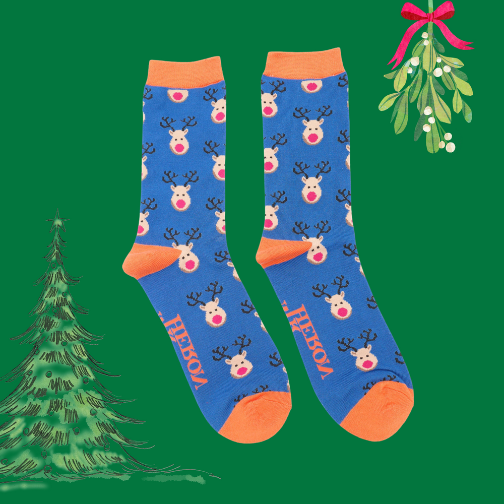 
                      
                        A  pair of socks with a festive reindeer pattern. Blue legs, orange heel, toes and cuff.  
                      
                    