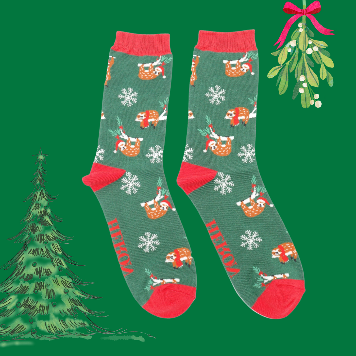 A pair of socks depicting xmas sloths wearing santa hats. Green legs, red heel, toe and cuff. 