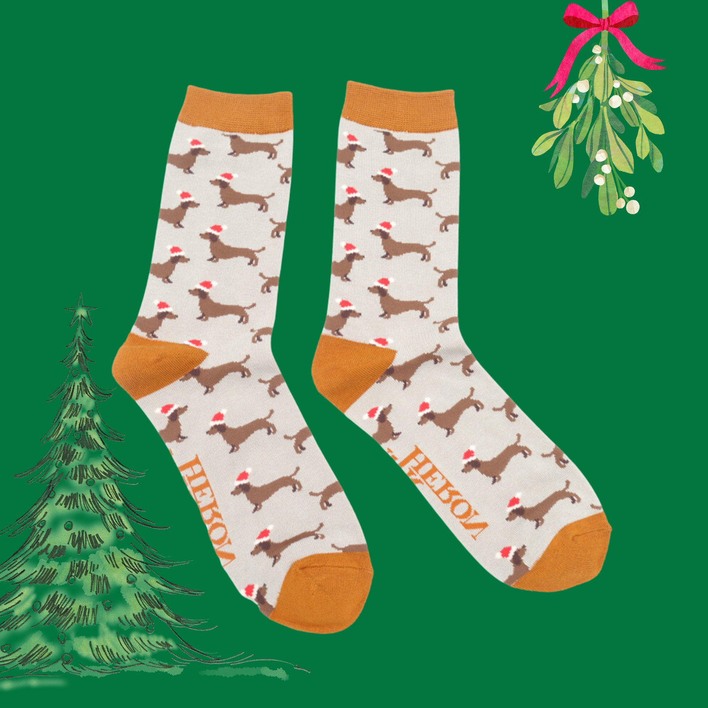 A pair of socks depicting sausage dogs wearing santa hats. Grey legs. Orange heel, toe and cuff. 