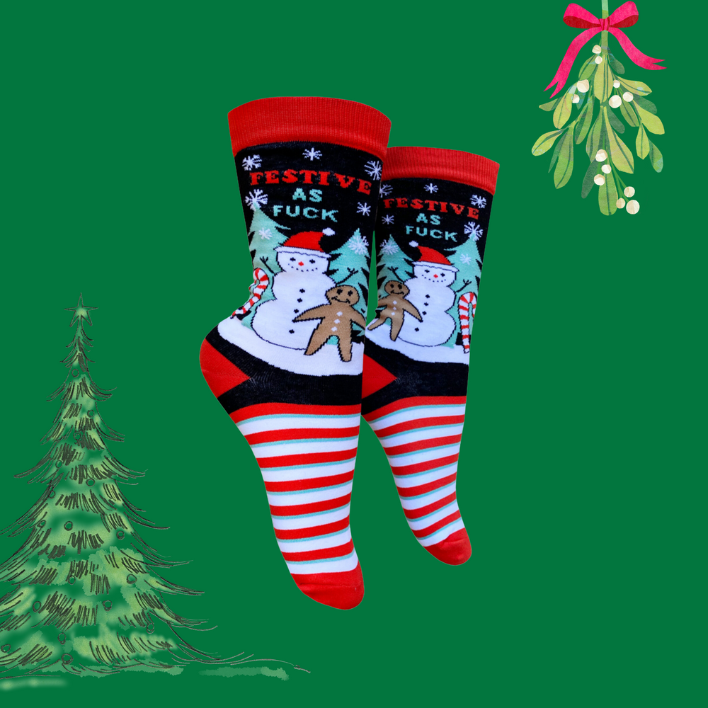 A pair of socks depicting with a sweary slogan and a christmas motif. Striped legs. Red toe, heel and cuff. 