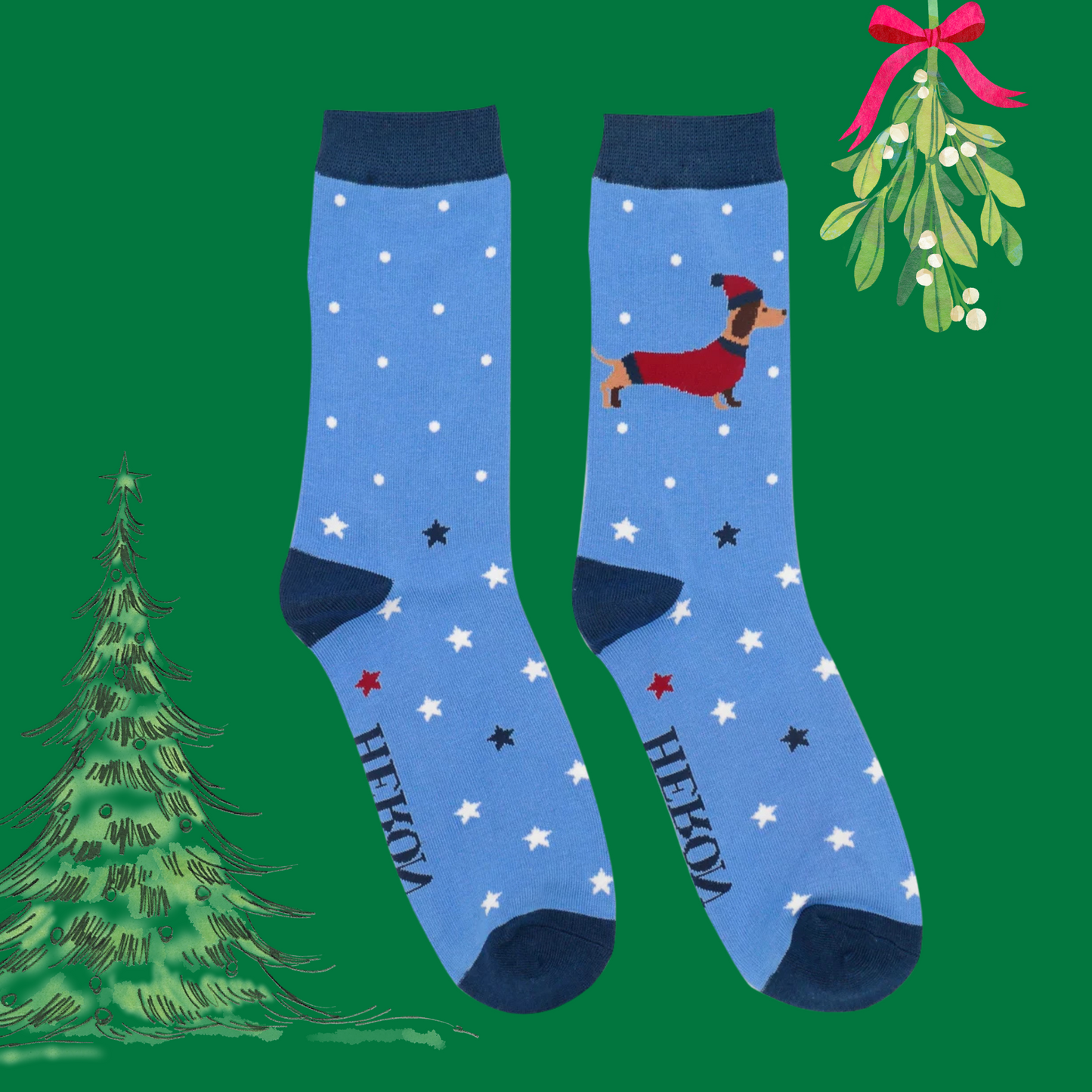 A pair of socks depicting a festive sausage dog with a star pattern. Blue legs, blue toe, heel and cuff. 