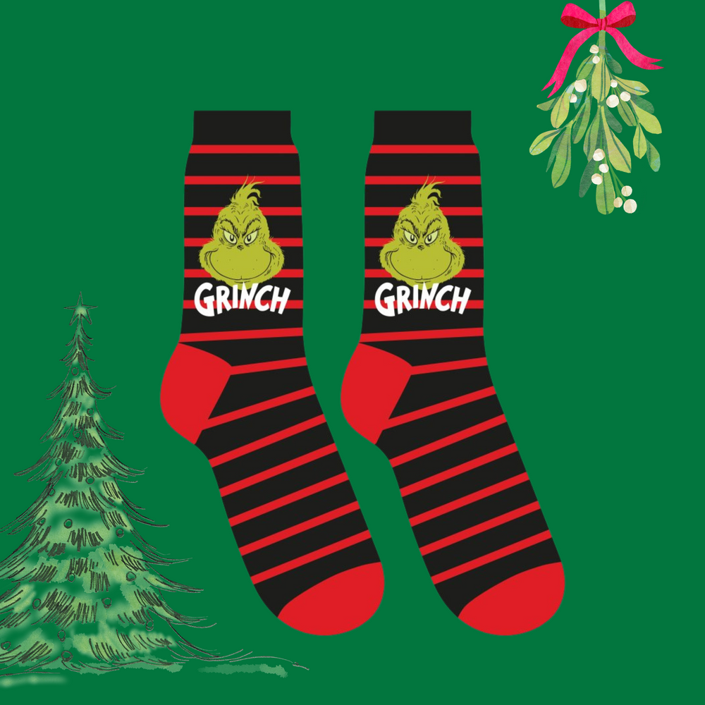 
                      
                        A pair of socks depicting The Grinch. Black and red striped legs. Red heel and toe. 
                      
                    