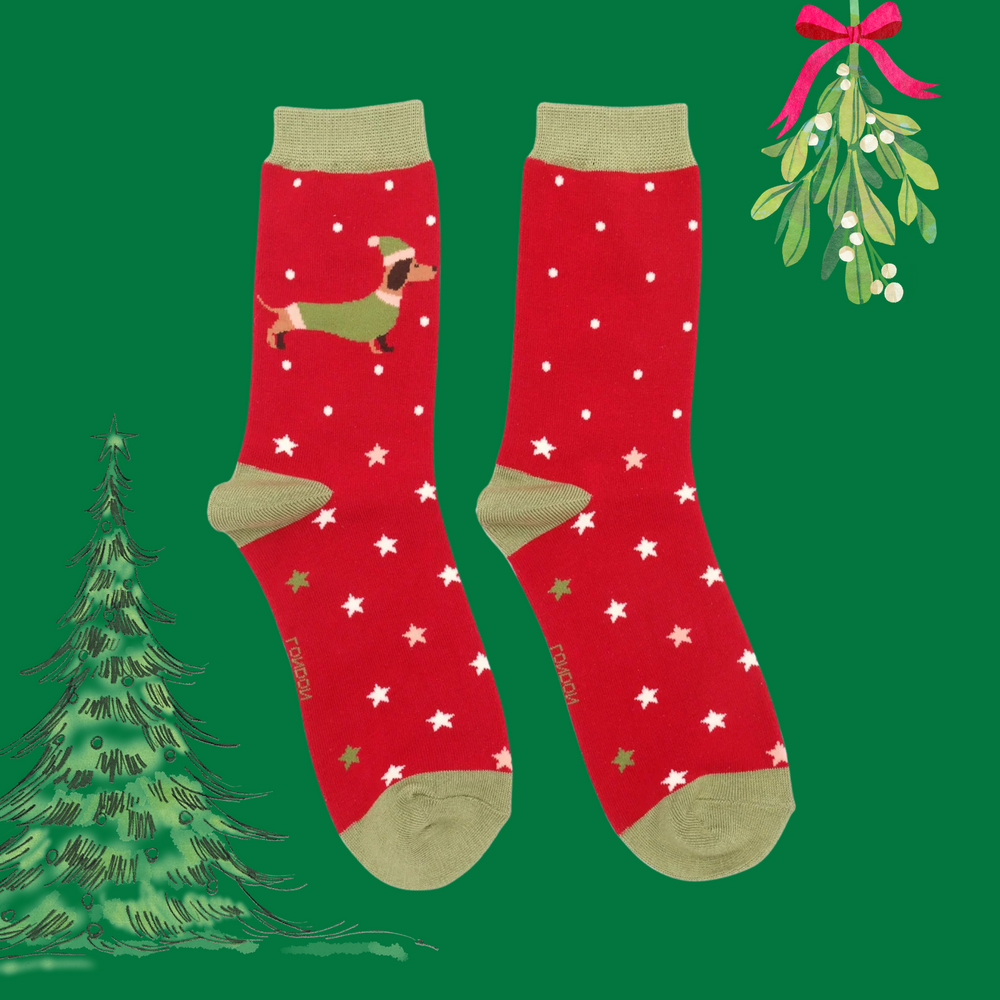 
                      
                        A pair of socks depicting a festive sausage dog with a star pattern. Red legs, gold toe, heel and cuff. 
                      
                    