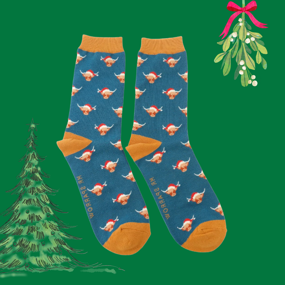 
                      
                        A pair of socks with a festive highland cow pattern. Blue legs, orange heel, toe and cuff. 
                      
                    