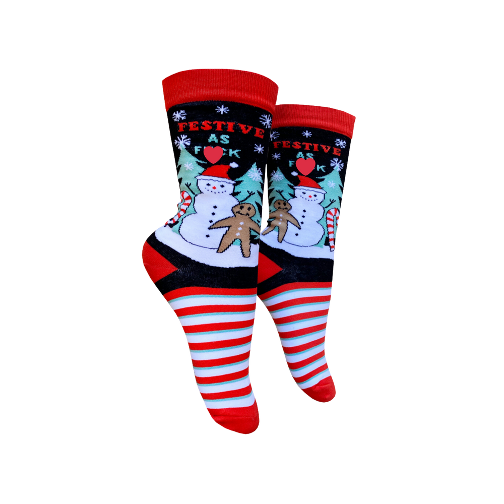 Festive AF Slogan Socks. A pair of socks depicting with a sweary slogan and a christmas motif. Striped legs. Red toe, heel and cuff. 