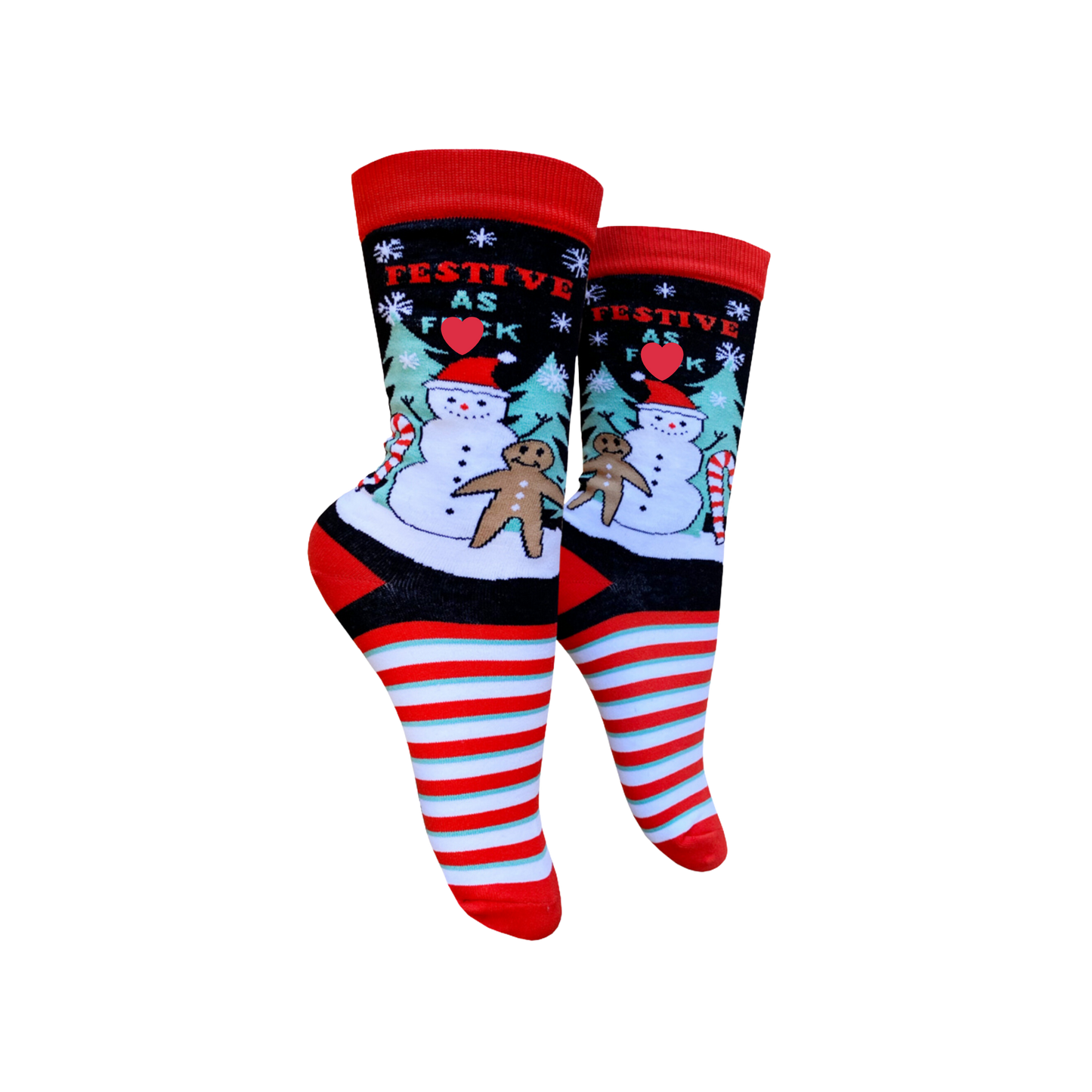 Festive AF Slogan Socks. A pair of socks depicting with a sweary slogan and a christmas motif. Striped legs. Red toe, heel and cuff. 