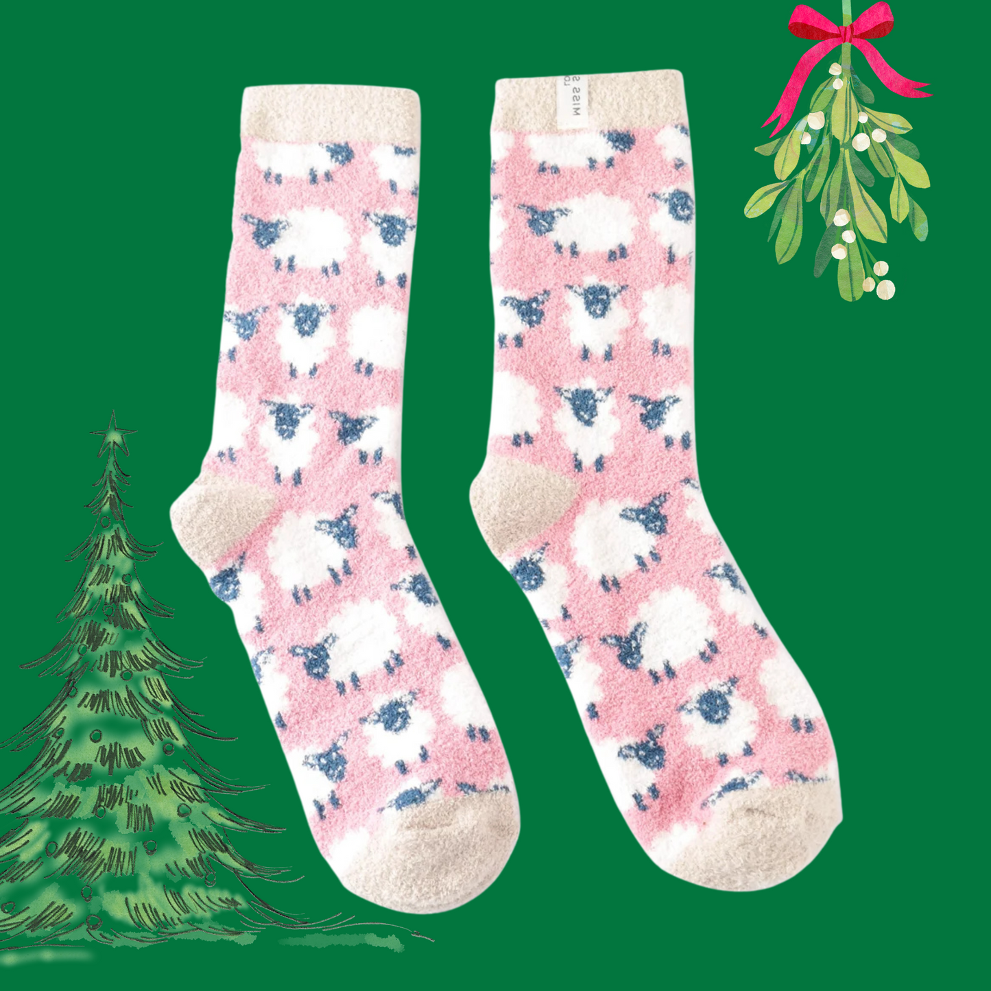 A pair of socks depicting a sheep pattern. Pink legs, cream heel, toe and cuff. 