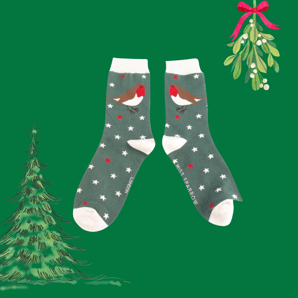 A pair of socks with a red robin and festive stars pattern. Green legs, white cuff, heel and toe. 