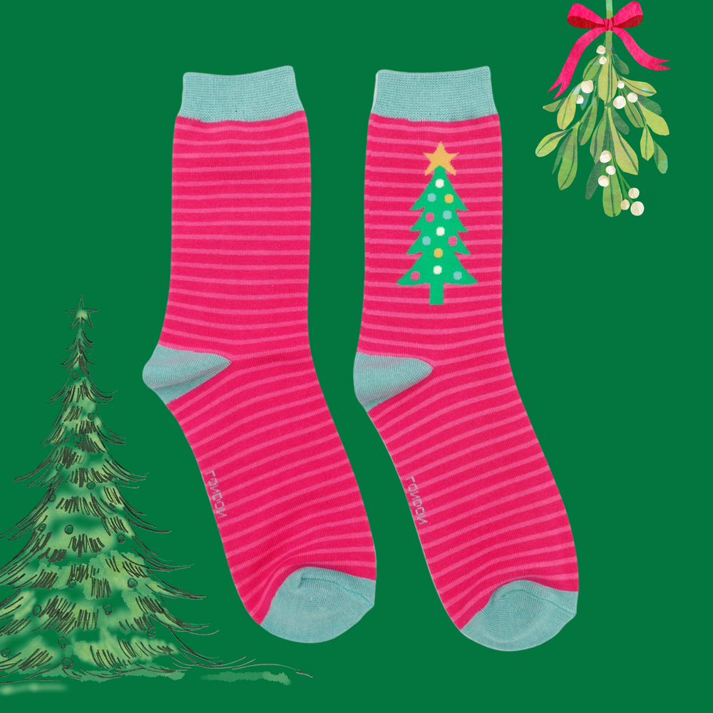 A pair of socks depicting a festive christmas tree. Striped pink legs, green heel, toe and cuff. 