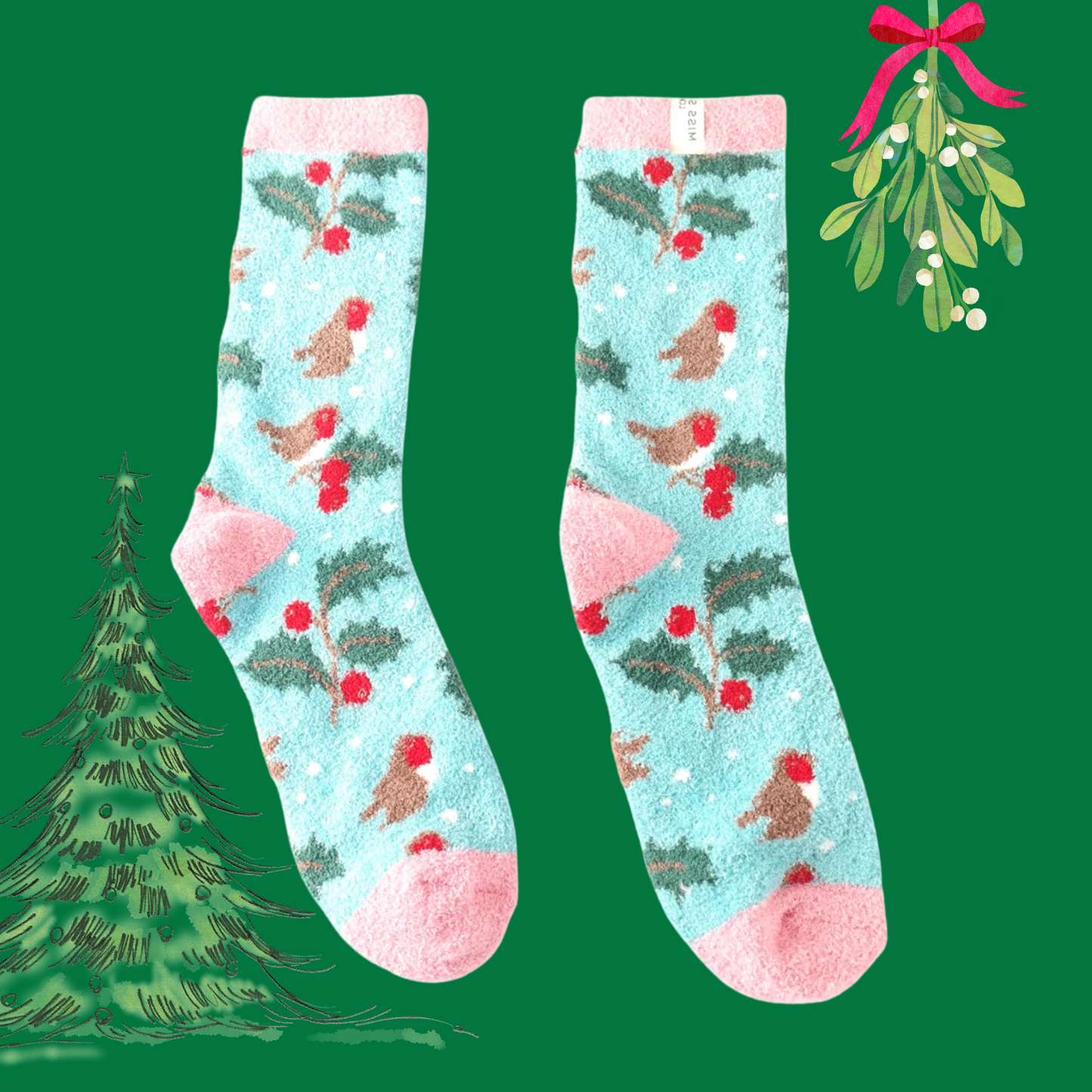  A pair of winter socks depicting a winter hedgerow pattern. Teal legs, pink heel, toe and cuff. 