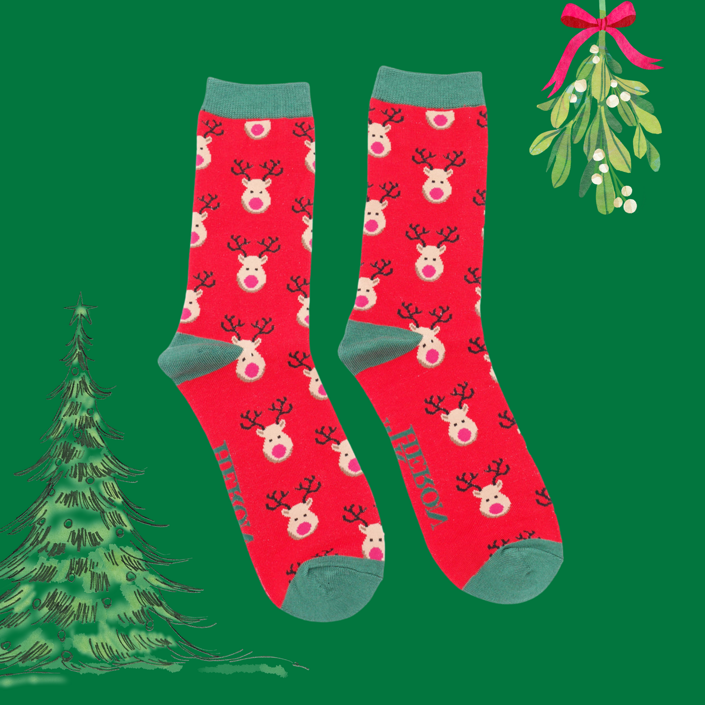 A  pair of socks with a festive reindeer pattern. Red legs, green heel, toes and cuff.  