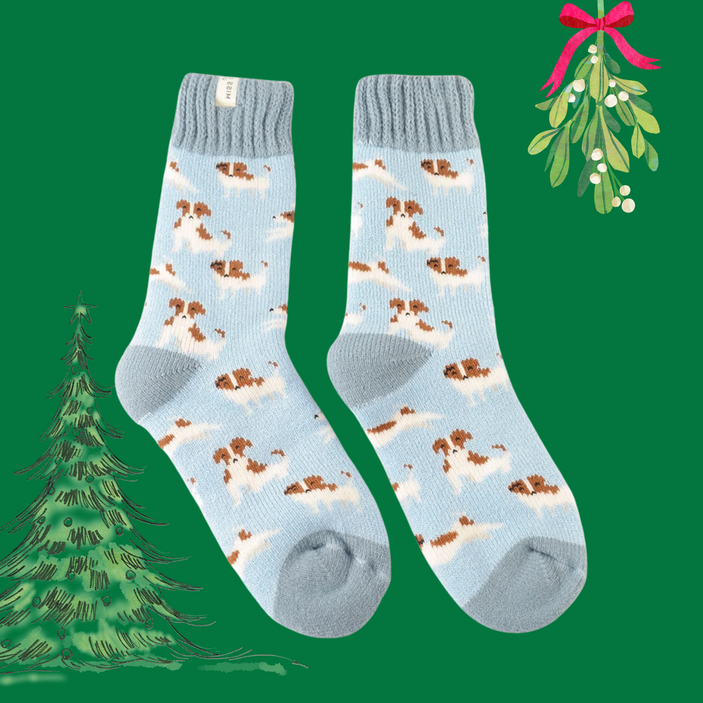 A pair of socks depicting jack russells. Blue Legs. Grey heel, toe and cuff.  