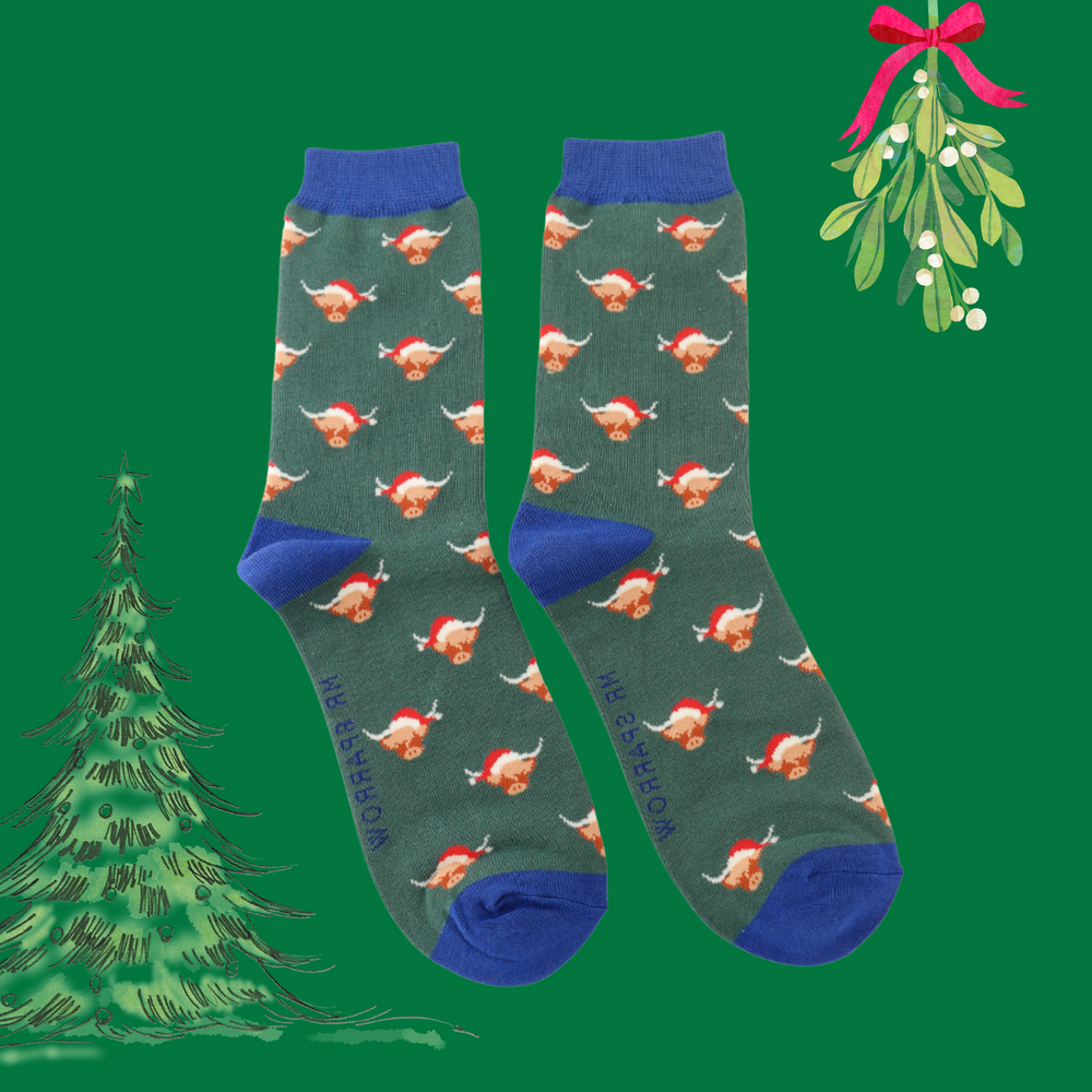 
                      
                        A pair of socks with a festive highland cow pattern. Dark green legs, blue heel, toe and cuff. 
                      
                    