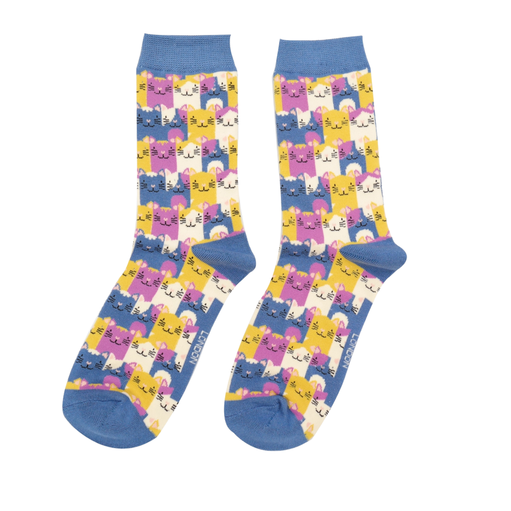 Happy Cats Bamboo Socks - Miss Sparrow.  A pair of socks with a multicoloured happy anime cat pattern. Blue heel, toe and cuff. 