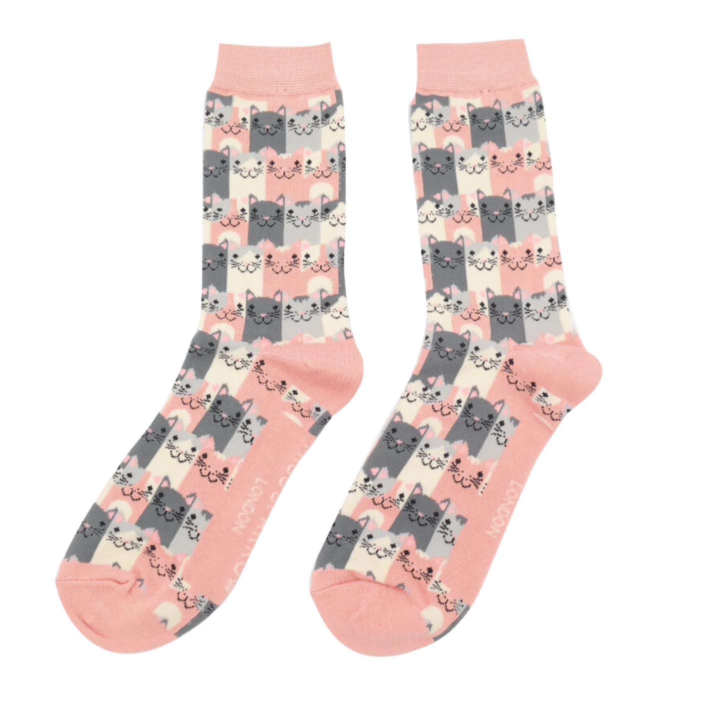 
                  
                    A pair of socks with a multicoloured happy anime cat pattern.  Peach heel, toe and cuff.
                  
                