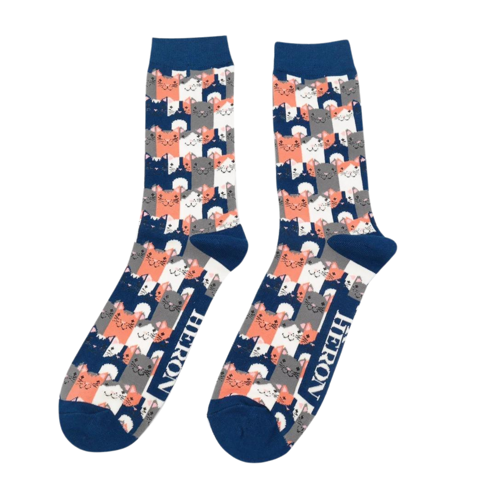 
                  
                    A pair of socks with a multicoloured happy anime cat pattern. Blue heel, toe and cuff.
                  
                