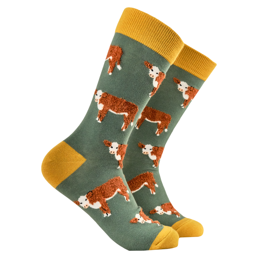 Fluffy Hereford Cow Socks. A pair of socks with fluffy highland cows. Green legs, yellow heel, toe and cuff. 