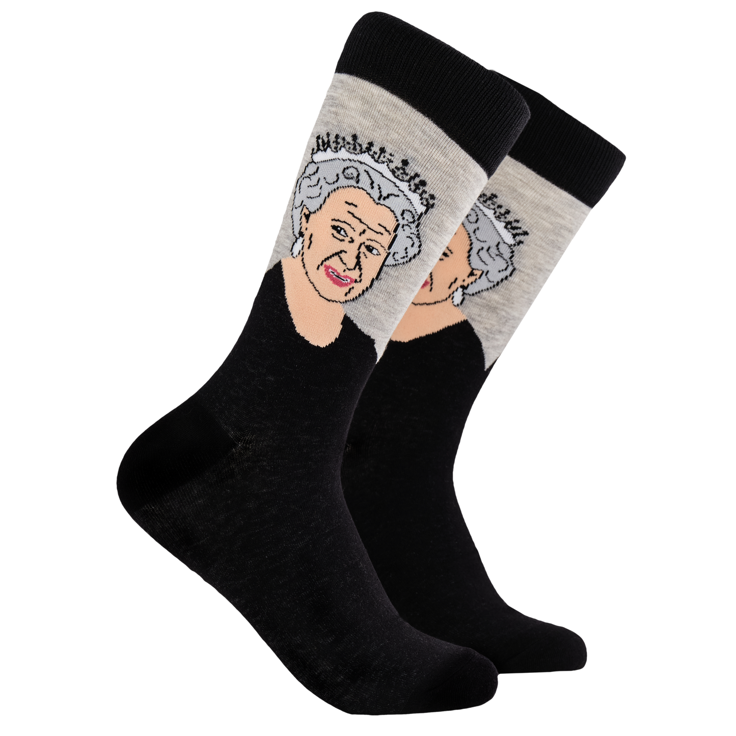 Queen Elizabeth II Royal Socks - HRH. A pair of socks depicting HRH Queen Elizabeth II. Black legs, black cuff, heel and toe.