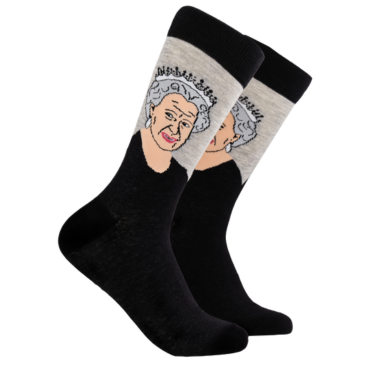 Queen Elizabeth II Royal Socks - HRH. A pair of socks depicting HRH Queen Elizabeth II. Black legs, black cuff, heel and toe.