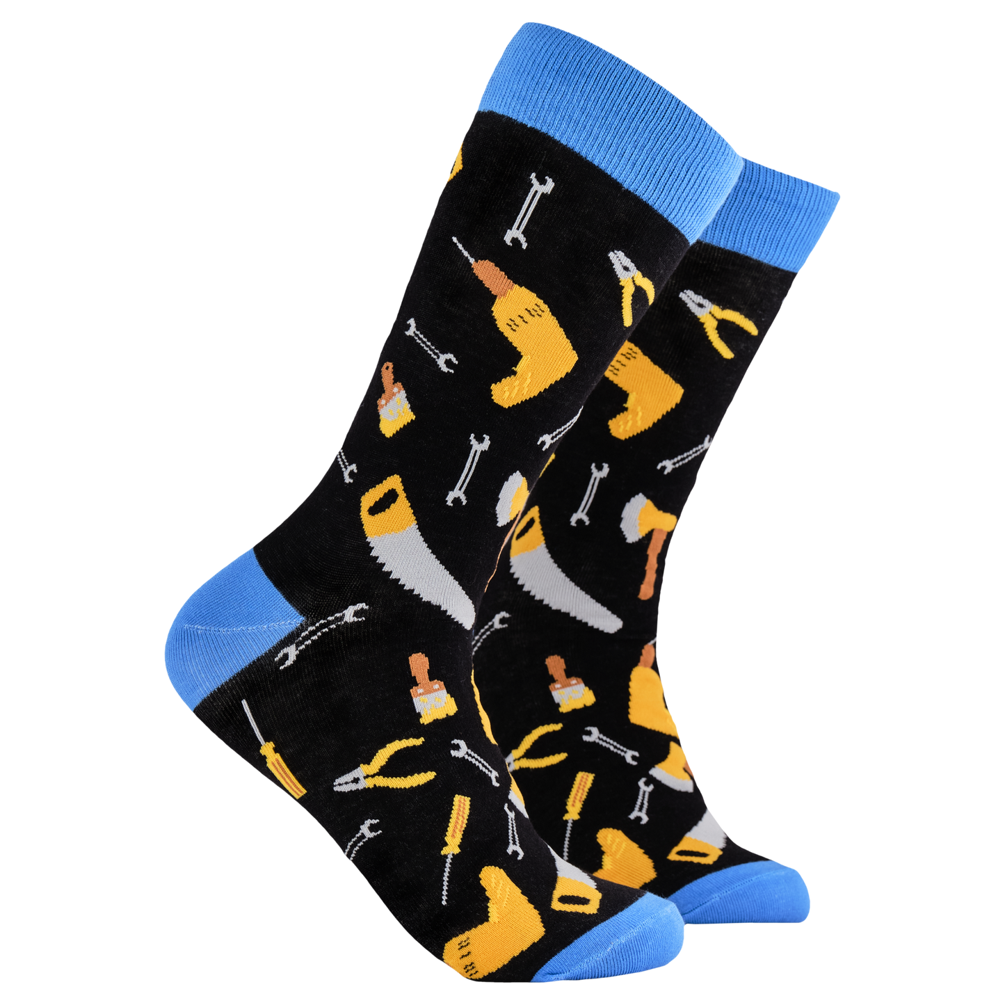 DIY Socks - Handy Andy. A pair of socks depicting DIY tools. Black legs, blue cuff, heel and toe.