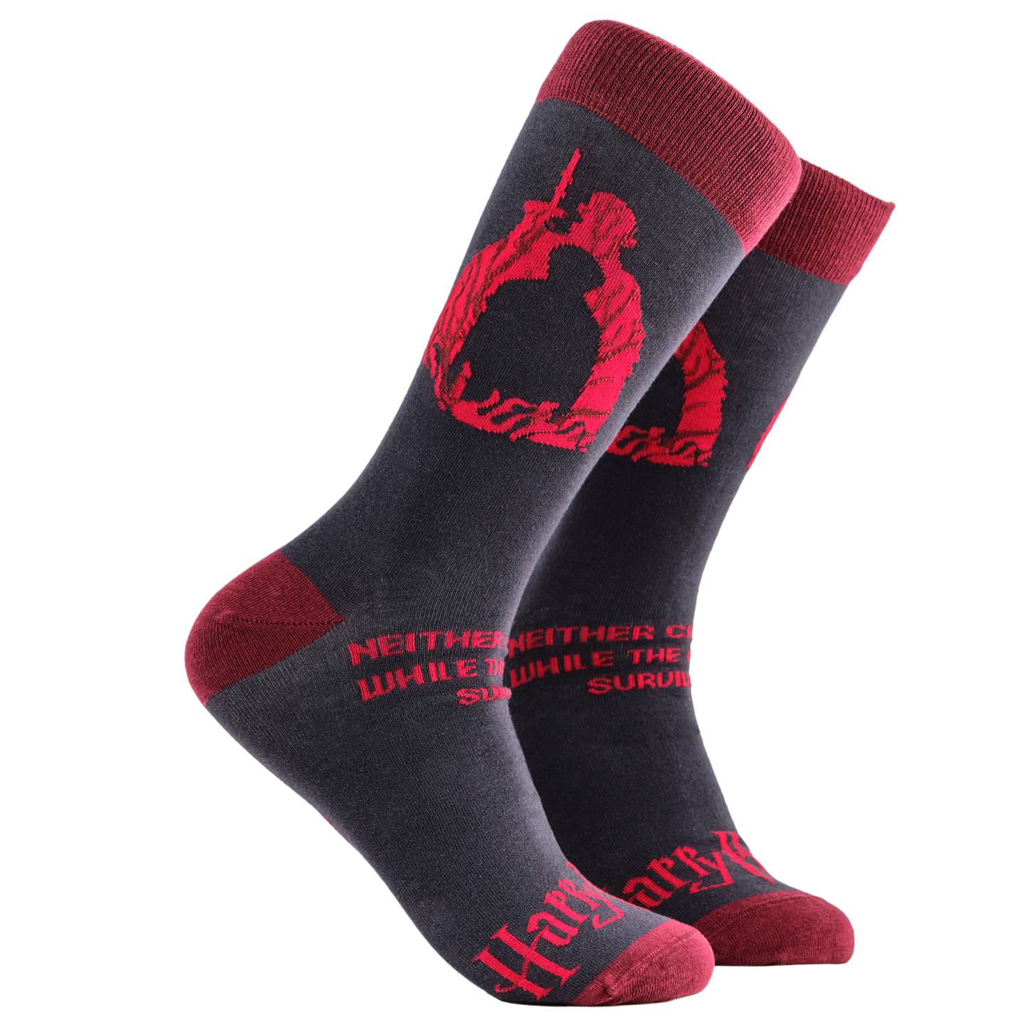 Harry Potter Socks - He Who Must Not Be Named. A pair of socks depicting scenes from Harry Potter. Grey legs, red cuff, heel and toe.