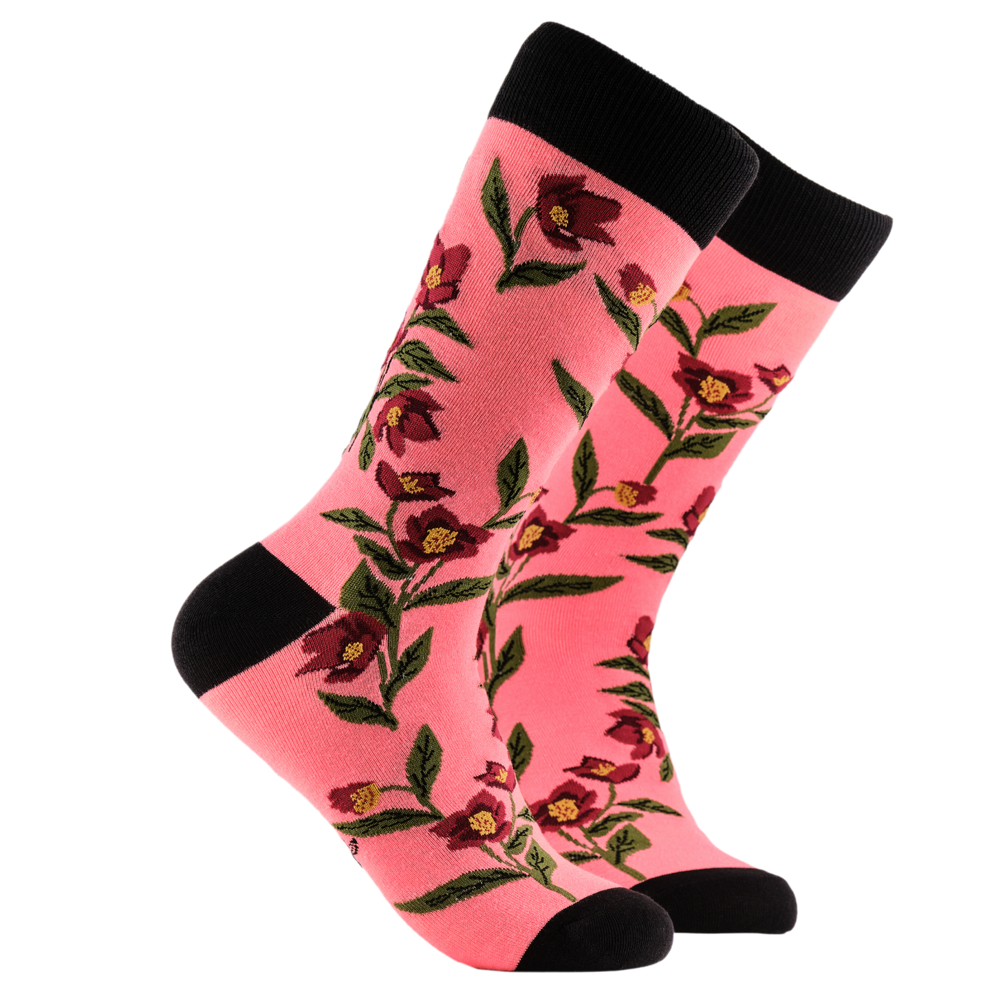 Hellebores Floral Bamboo Socks. A pair of socks depicting hellebores. Pink legs, black cuff, heel and toe.