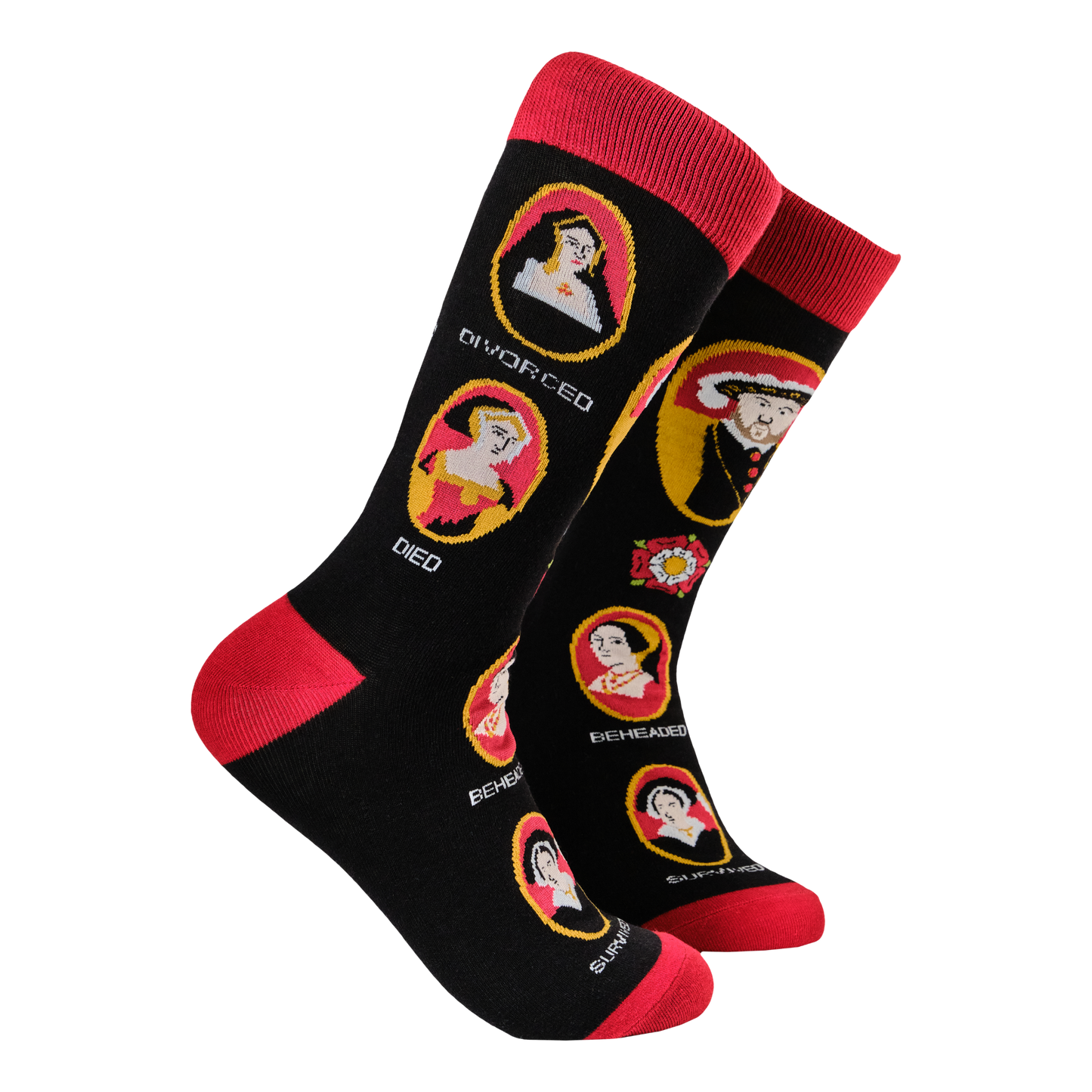 History Socks - Henry VIII and His Wives. A pair of socks depicting Henry VII and his 6 wives. Black legs, red cuff, toe and heel. 