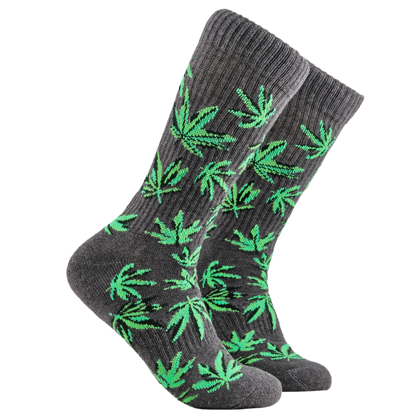 
                  
                    Weed Socks - High Life Athletic. A pair of socks depicting cannabis leaves. Grey athletic legs, grey cuff, heel and toe.
                  
                