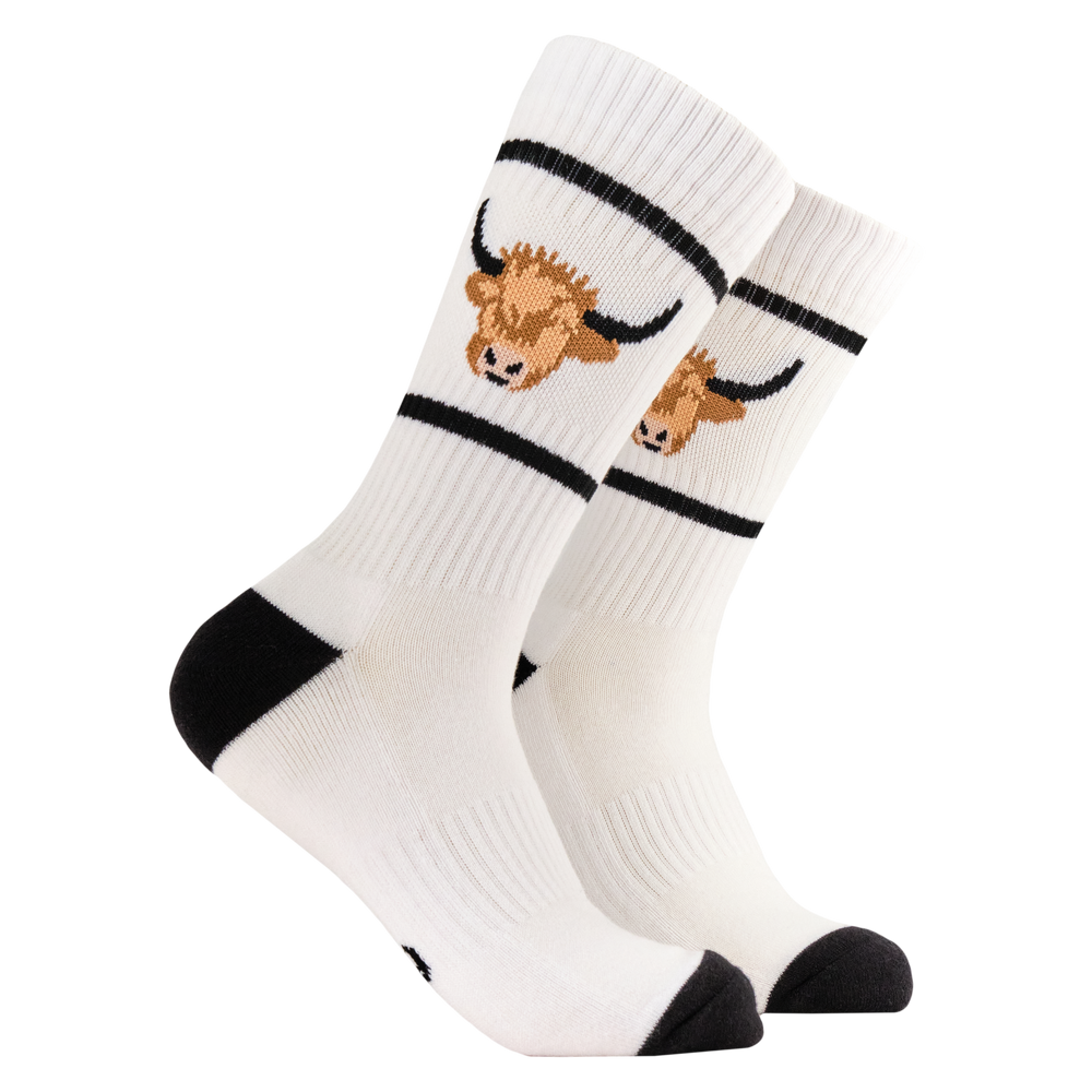 Highland Cow Athletic Socks. A pair of athletic style socks featuring a highland cow motif. White legs, black eel, toe and cuff. 