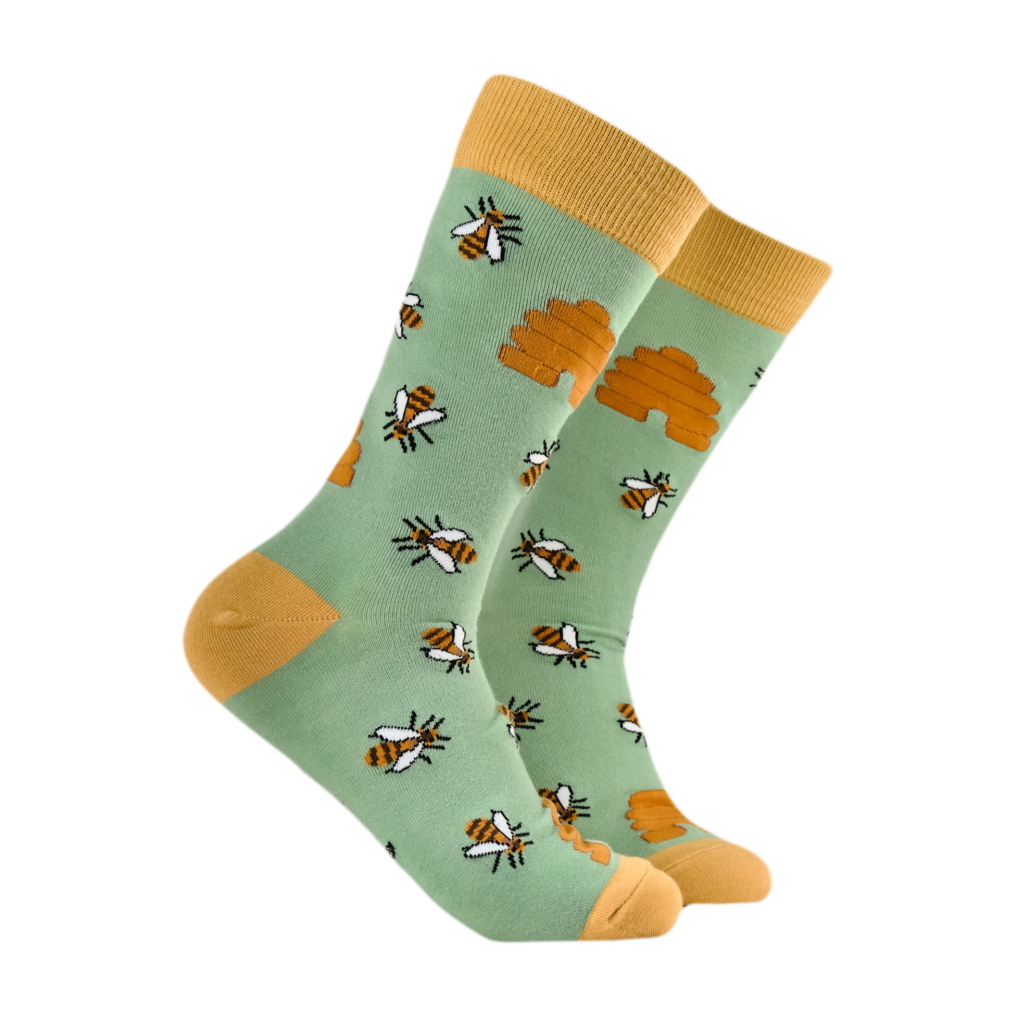 Honey Bee Bamboo Socks. A pair of socks featuring honey bees. Green legs, yellow heel, toe and cuff. 