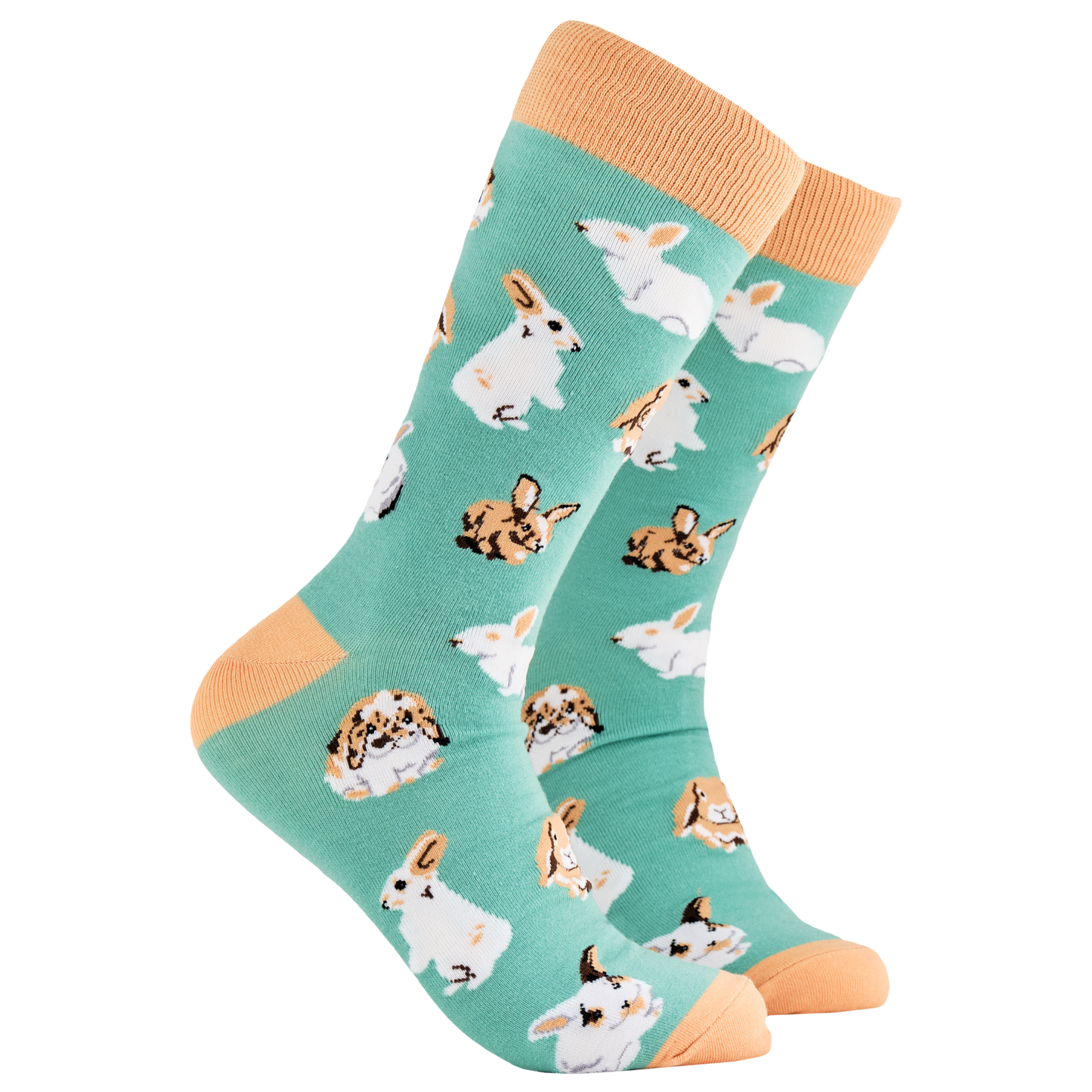 
                  
                    Rabbit Socks - Hop. A pair of socks depicting rabbits playing. Green legs, brown cuff, heel and toe.
                  
                