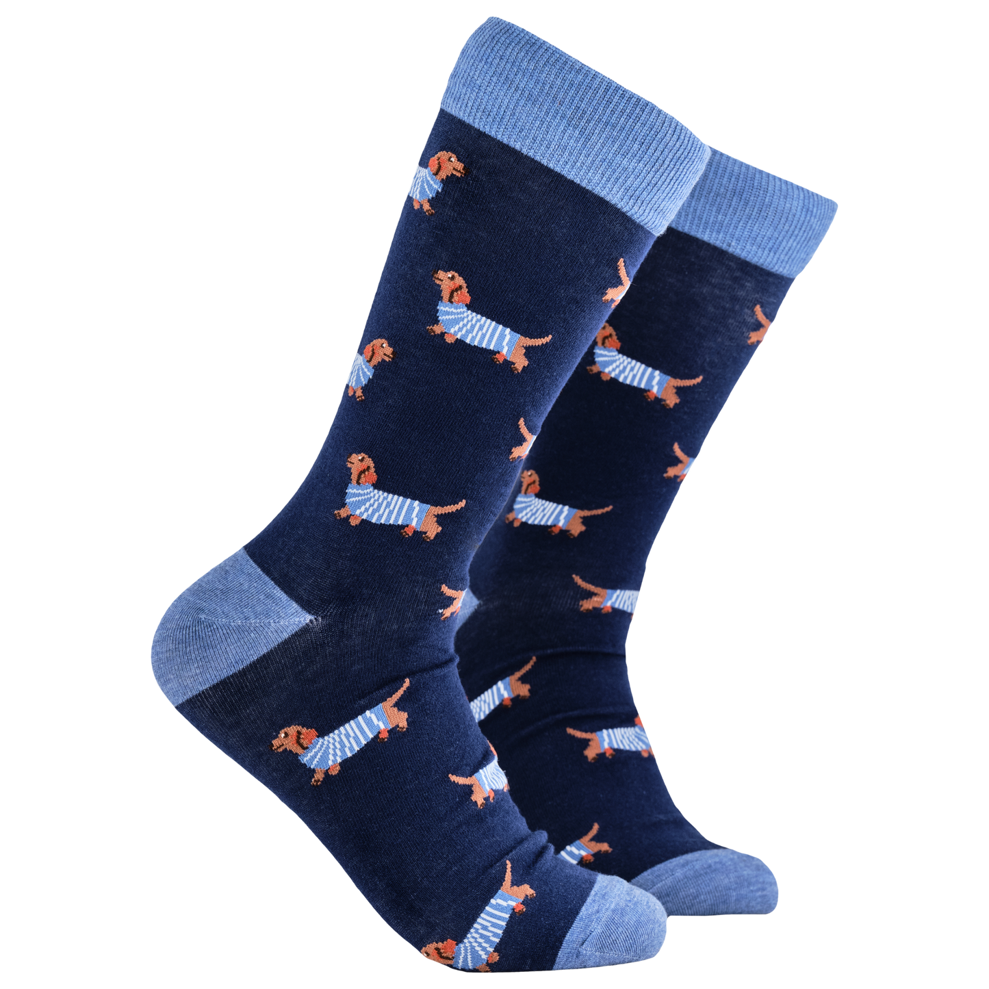 Sausage Dog Socks - Hot Dippity-Dog. A pair of socks depicting sausage dogs wearing jumpers. Dark legs, light blue cuff, heel and toe