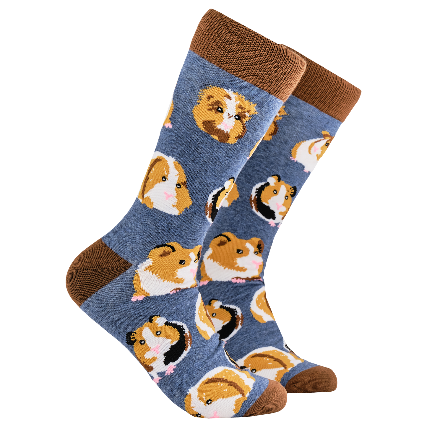 
                  
                    A pair of socks depicting guinea pigs. Blue legs, brown cuff, heel and toe.
                  
                