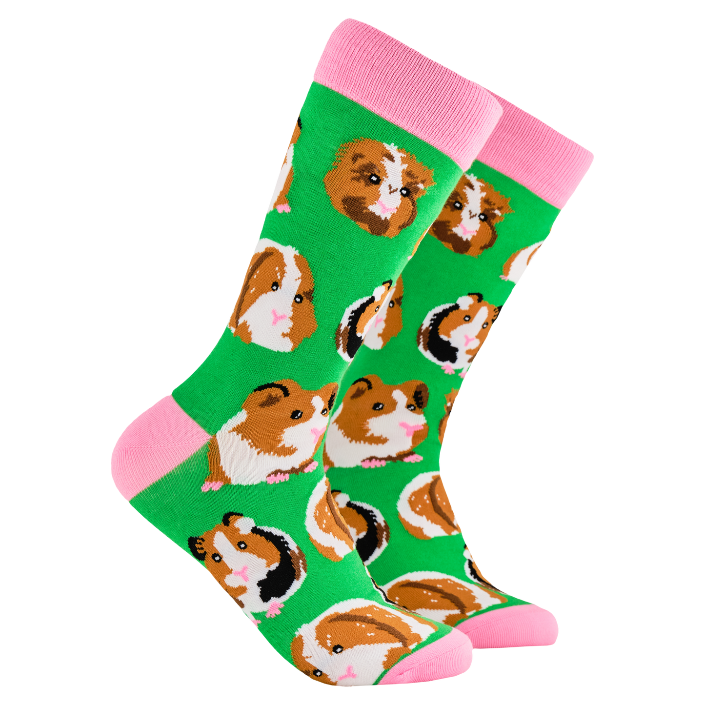 Guinea Pig Socks - I Am Not A Hamster. A pair of socks depicting guinea pigs. Green legs, pink cuff, heel and toe. 