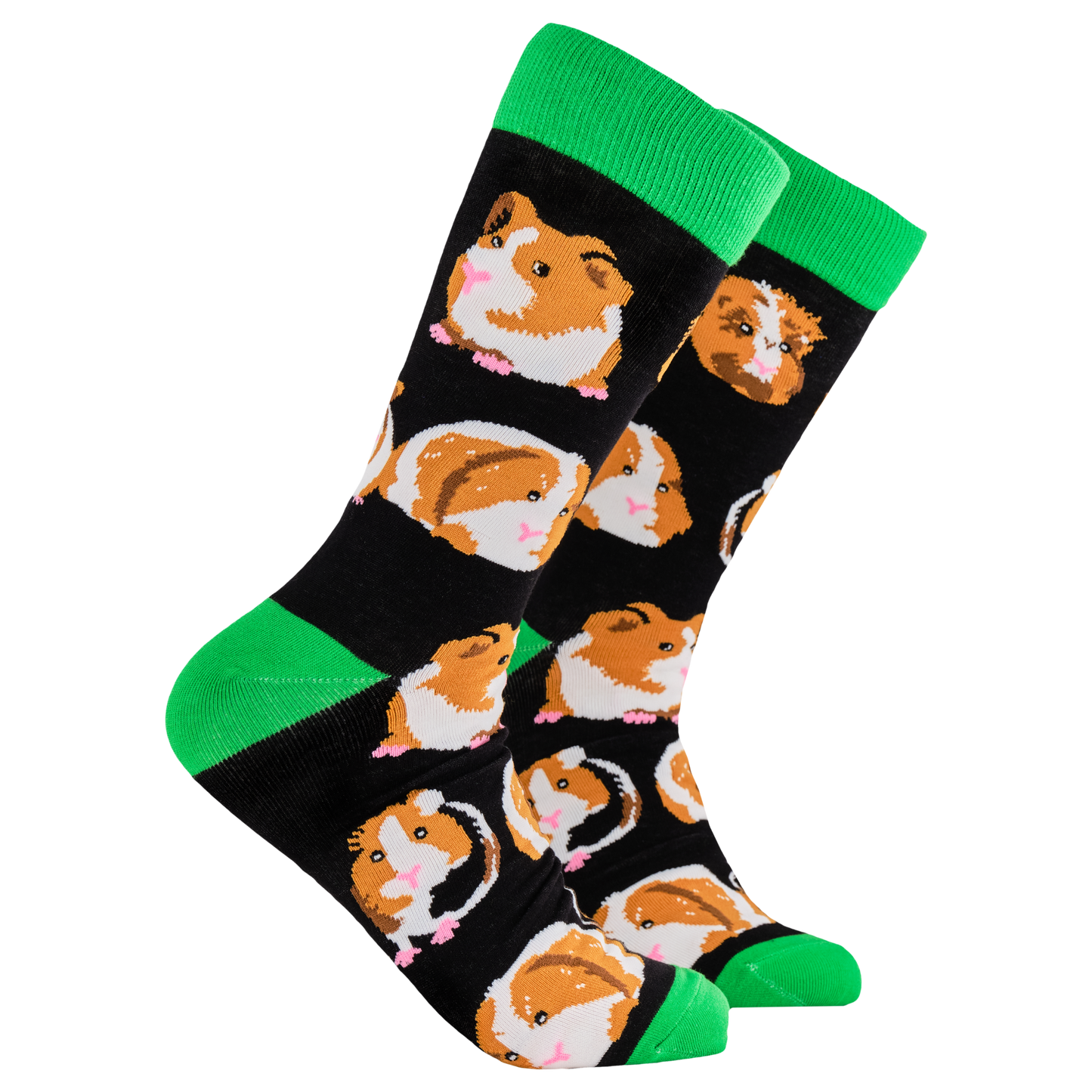 
                  
                    A pair of socks depicting guinea pigs. Black legs, green cuff, heel and toe.
                  
                