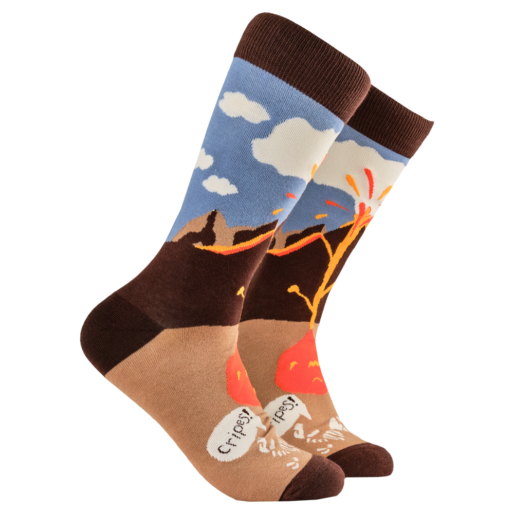 Volcano Socks - It's Gonna BLOW!. A pair of socks depicting an active volcano. Brown legs, brown heel toe and cuff. 