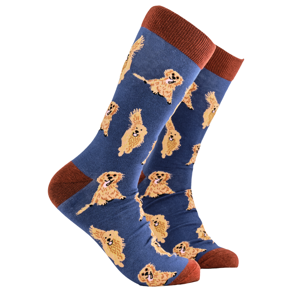 Golden Retriever Socks - I'm A Retriever. A pair of socks depicting golden retrievers. Blue legs, brown cuff, heel and toe.