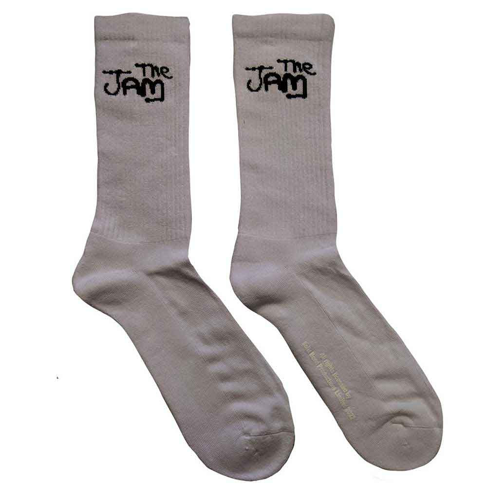 The Jam Logo Socks. A pair of white crew style socks with The Jam logo. 