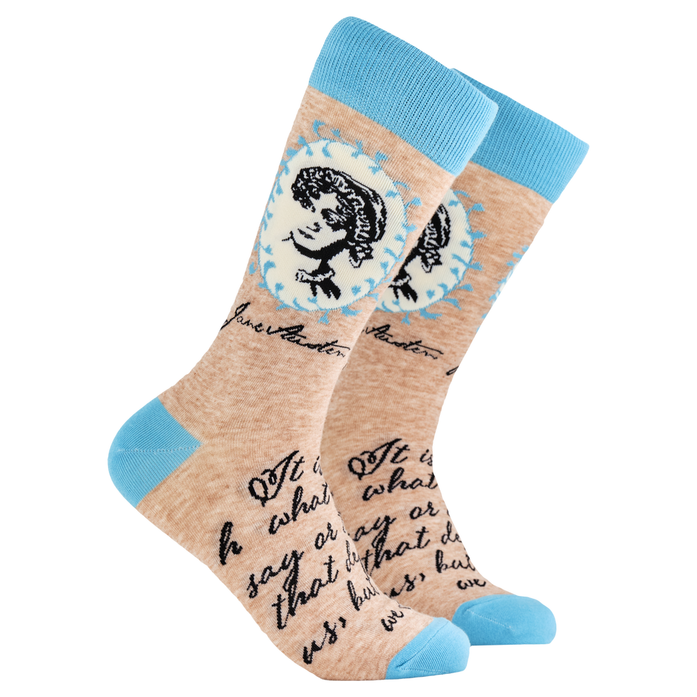 Jane Austen Socks. A pair of socks depicting Jane Austen. Oatmeal legs, blue cuff, heel and toe.