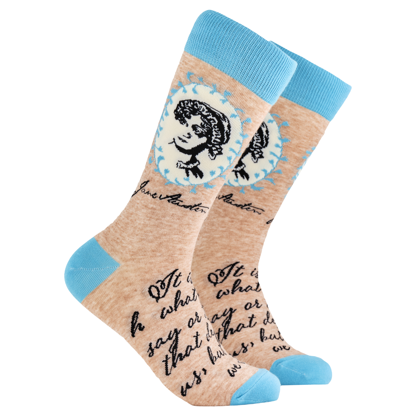 Jane Austen Socks. A pair of socks depicting Jane Austen. Oatmeal legs, blue cuff, heel and toe.