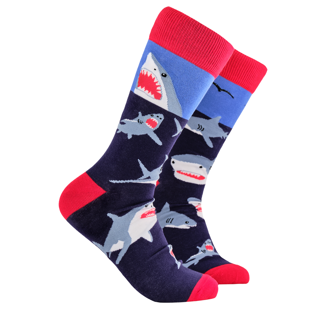 Shark Socks - Jaws And Effect. A pair of socks depicting great white sharks. Blue legs, red  cuff, heel and toe.