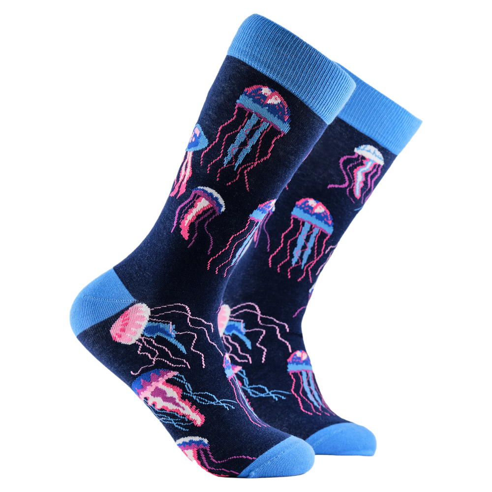 
                  
                    Jellyfish Socks - Jellyfishin'. A pair of socks depicting jellyfish. Dark blue legs, light blue cuff, heel and toe.
                  
                