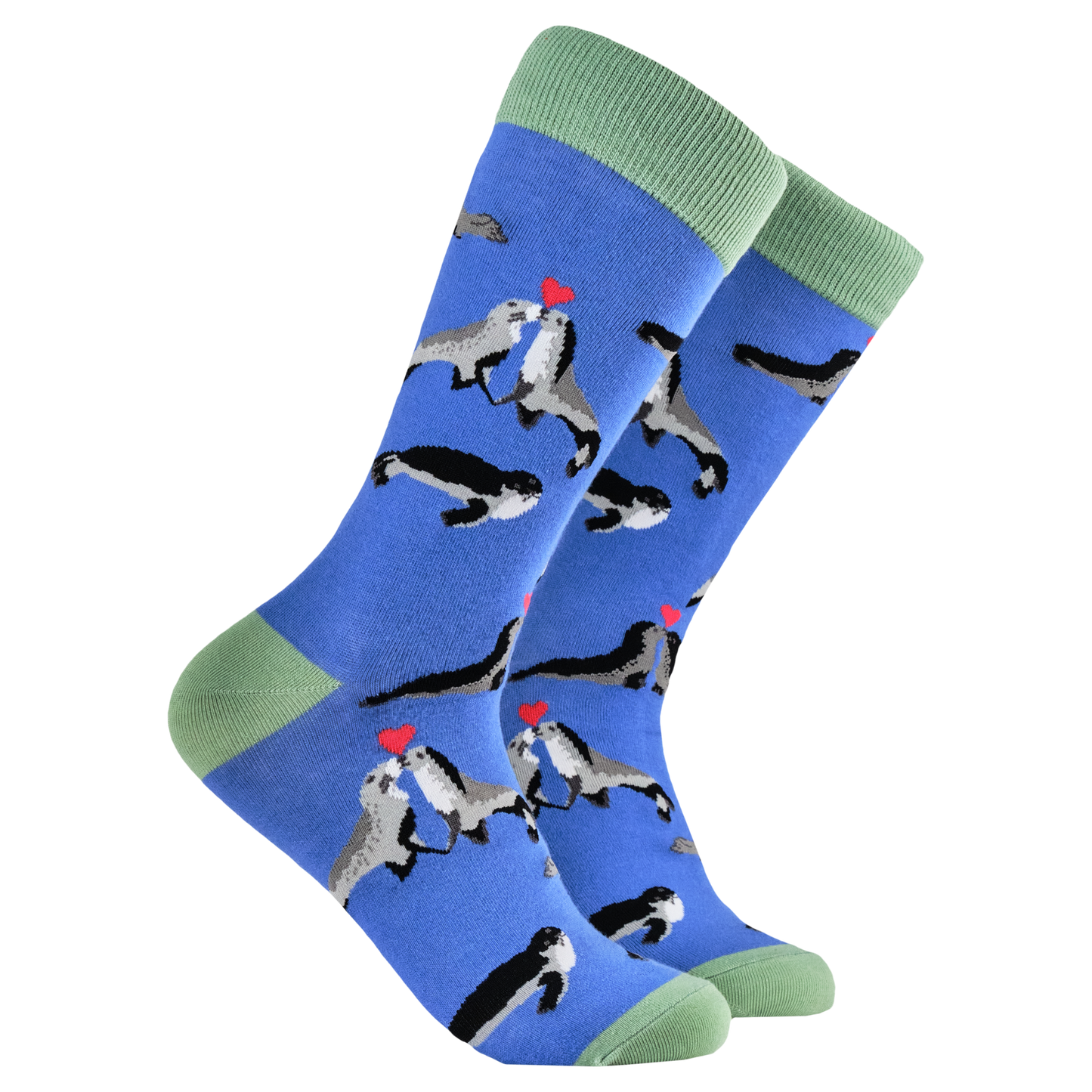 Kissing Seals Socks. A pair of socks depicting two seals in love. Blue legs, green heel, toe and cuff. 