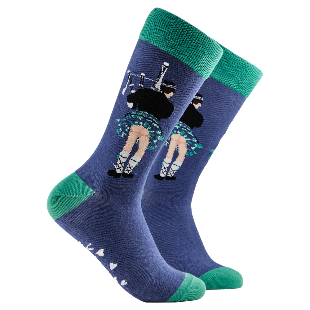 Scottish Kilt Socks - Kilt Bum. A pair of socks depicting whats really under a kilt. Purple legs, green cuff, heel and toe.