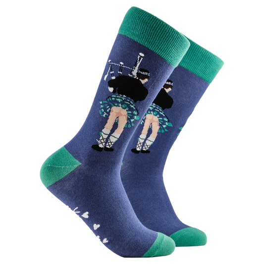 Scottish Kilt Socks - Kilt Bum. A pair of socks depicting whats really under a kilt. Purple legs, green cuff, heel and toe.