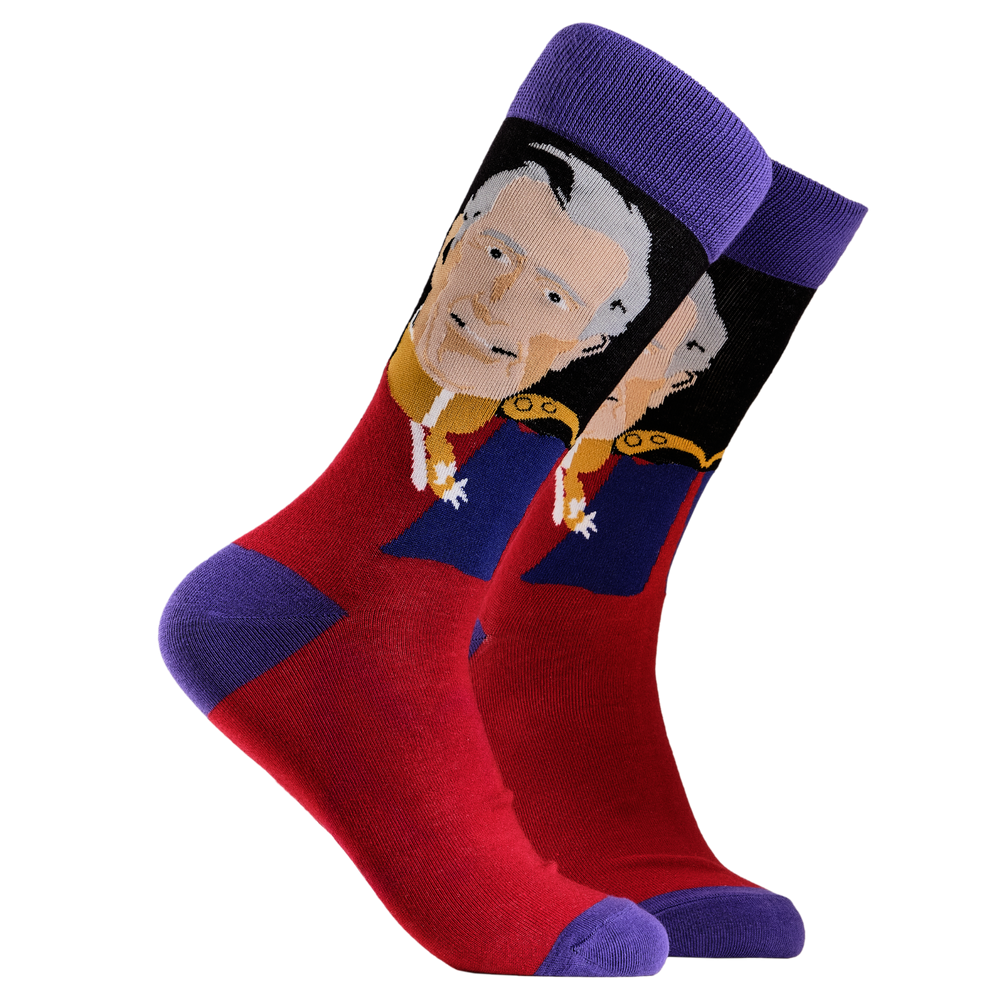Royal Socks - King Charles. A pair of socks depicting King Charles III. Red legs, blue cuff, heel and toe.