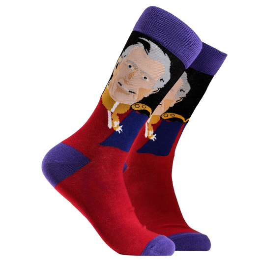 Royal Socks - King Charles. A pair of socks depicting King Charles III. Red legs, blue cuff, heel and toe.