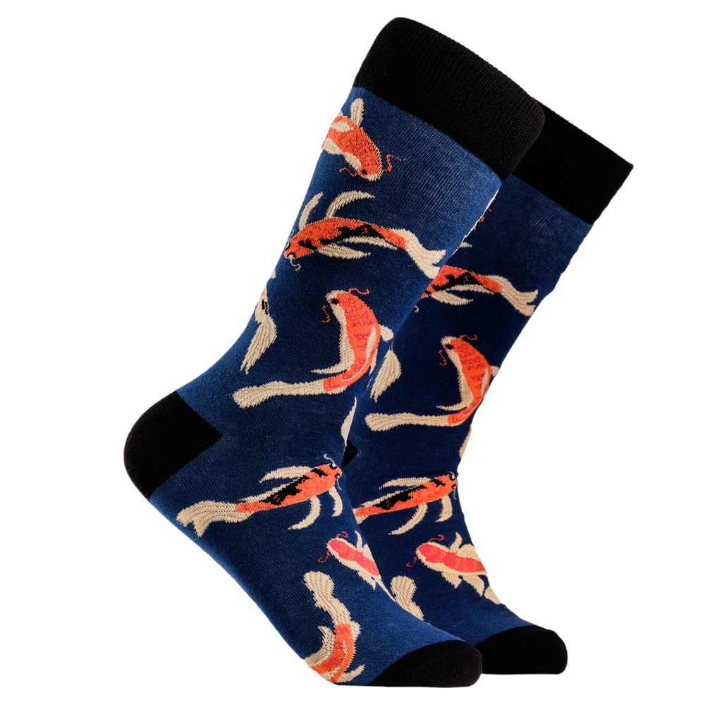 Koi Fish Socks - Koi Carp. A pair of socks depicting Koi Carp. Dark blue legs, black cuff, heel and toe.