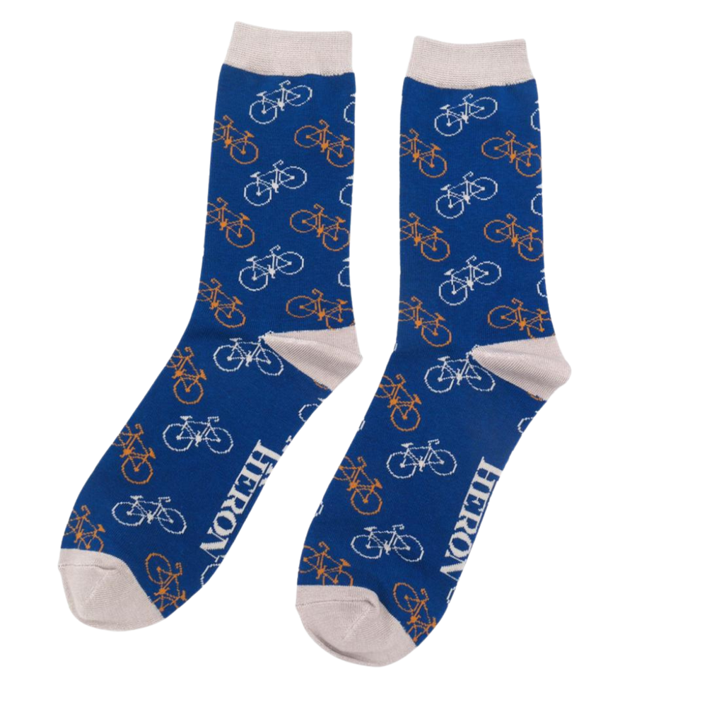 
                  
                    A pair of socks depicting bicycles. Blue legs, grey heel, cuff and toes.
                  
                